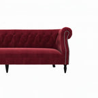 Homecrest Baslow Chesterfield sofa in pomegranate red velvet with button tufting and silver nailhead trim