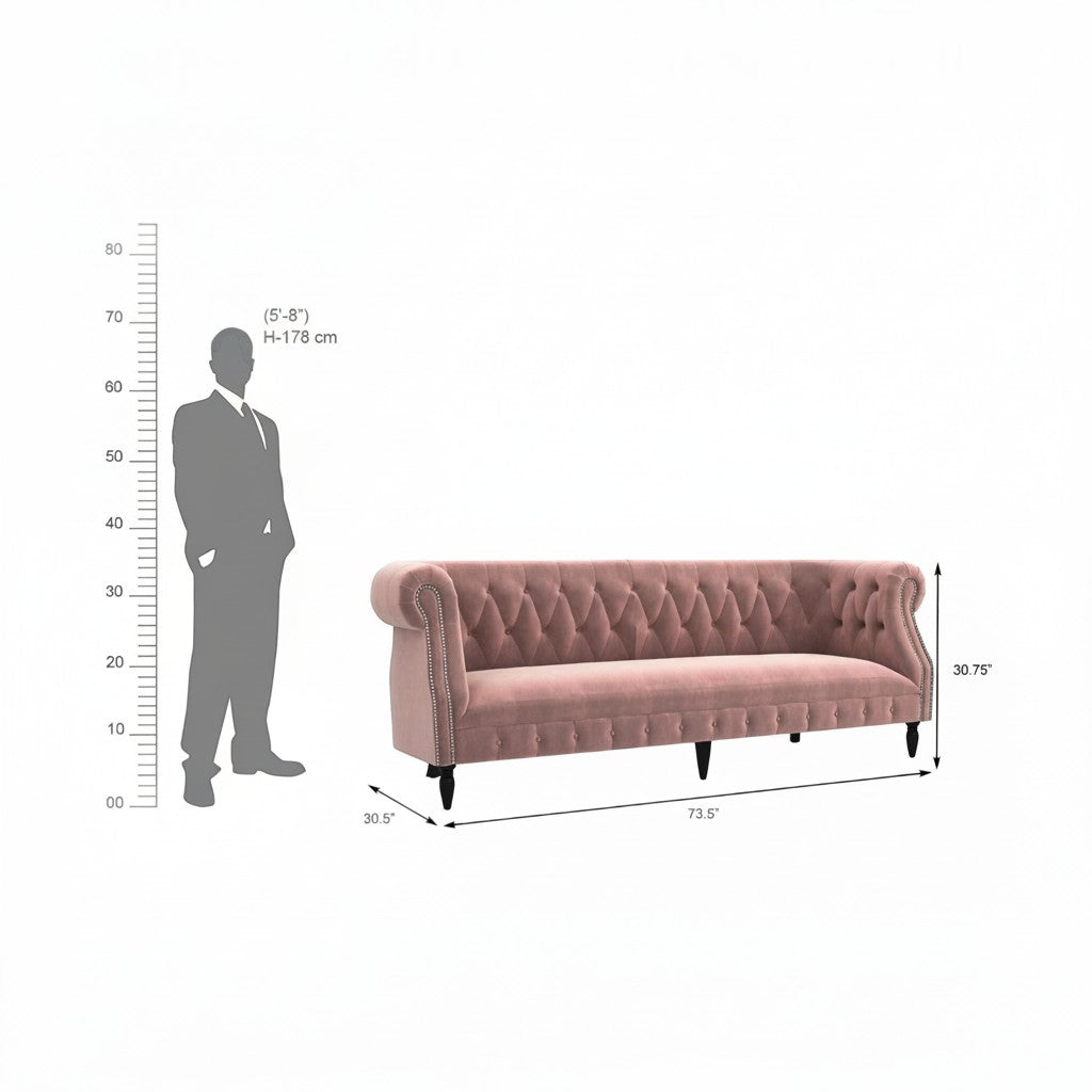 Homecrest Baslow 3-seater Chesterfield sofa in rose dust velvet with tufted back and silver nailhead trim details.