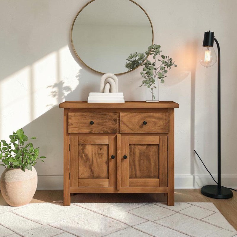 Homecrest Barrow compact buffet cabinet in natural sheesham wood with two drawers and two cabinet doors