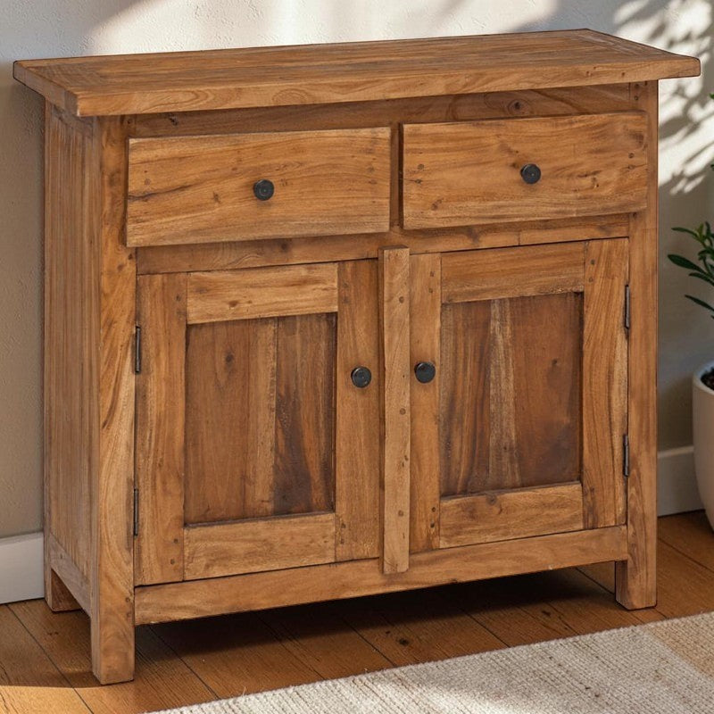 Homecrest Barrow compact buffet cabinet in natural sheesham wood with two drawers and two cabinet doors