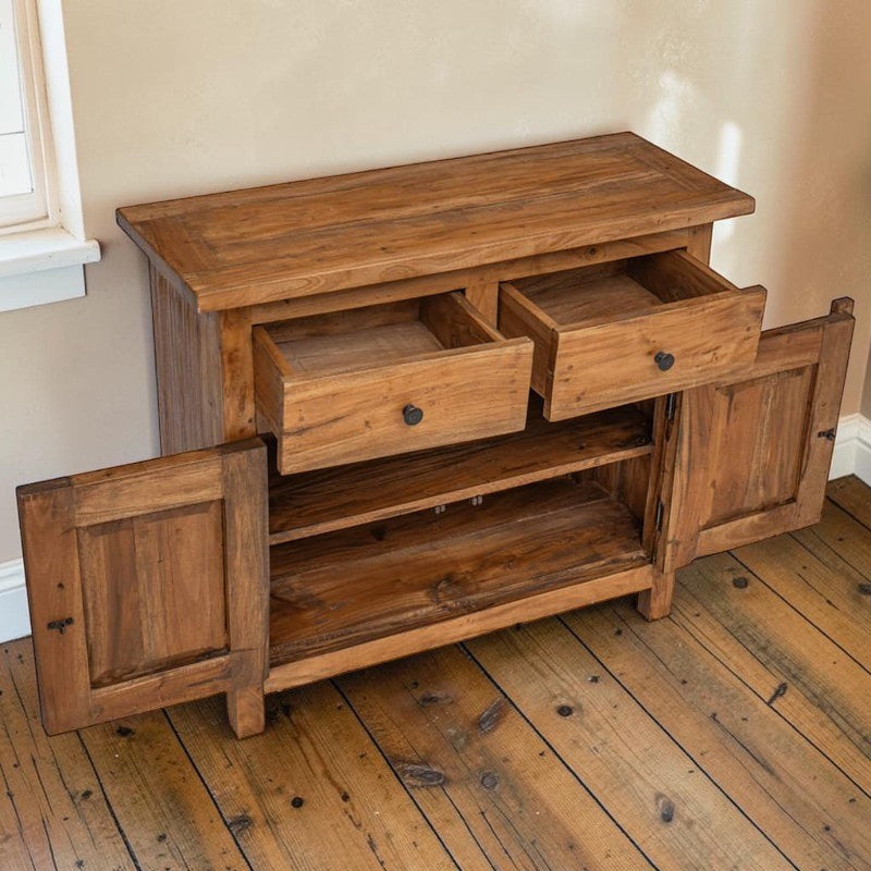Homecrest Barrow compact buffet cabinet in natural sheesham wood with open drawers and cabinet doors