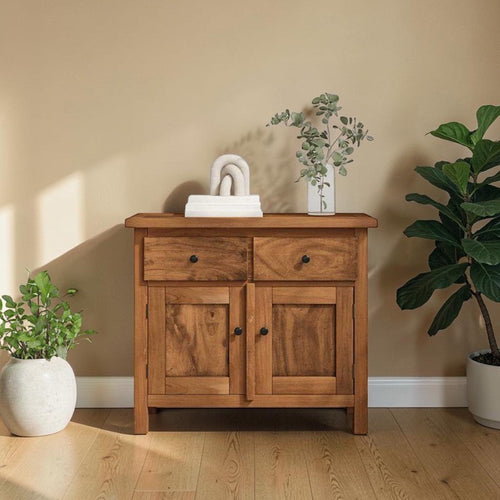 Homecrest Barrow compact buffet cabinet in natural sheesham wood with two drawers and two cabinet doors