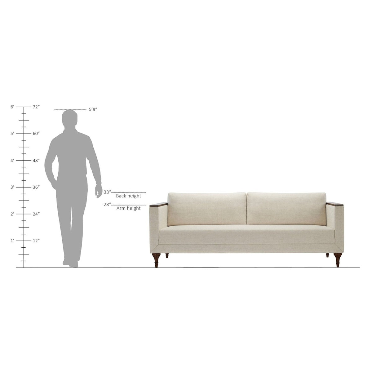 Homecrest Beaumont modern classic sofa in ivory fabric with turned teak legs and ply-veneer arm wraps, scale diagram