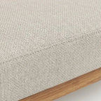 Homecrest 2-seater sofa cushion detail in textured light beige fabric with a natural solid wood frame base