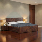 Homecrest Herrick king size bed in walnut finish sheesham wood with herringbone pattern and hydraulic storage