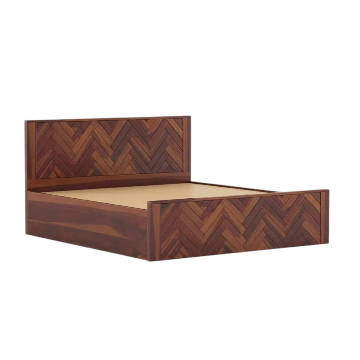 Homecrest Herrick king size bed in walnut finish sheesham wood with a decorative herringbone pattern headboard