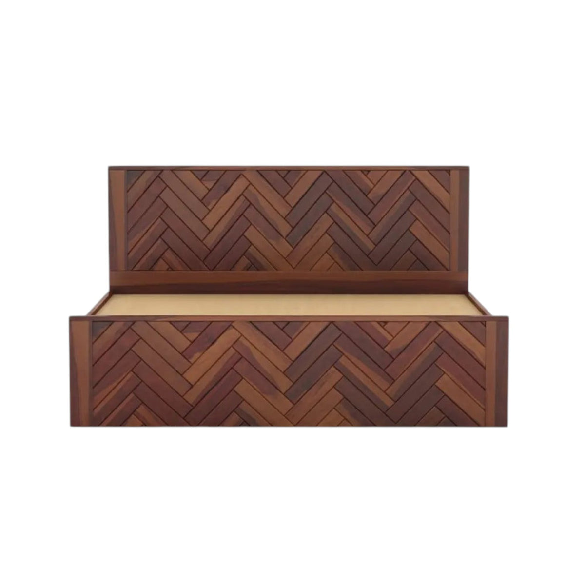 Homecrest Herrick king size bed in walnut finish sheesham wood with a decorative herringbone pattern headboard