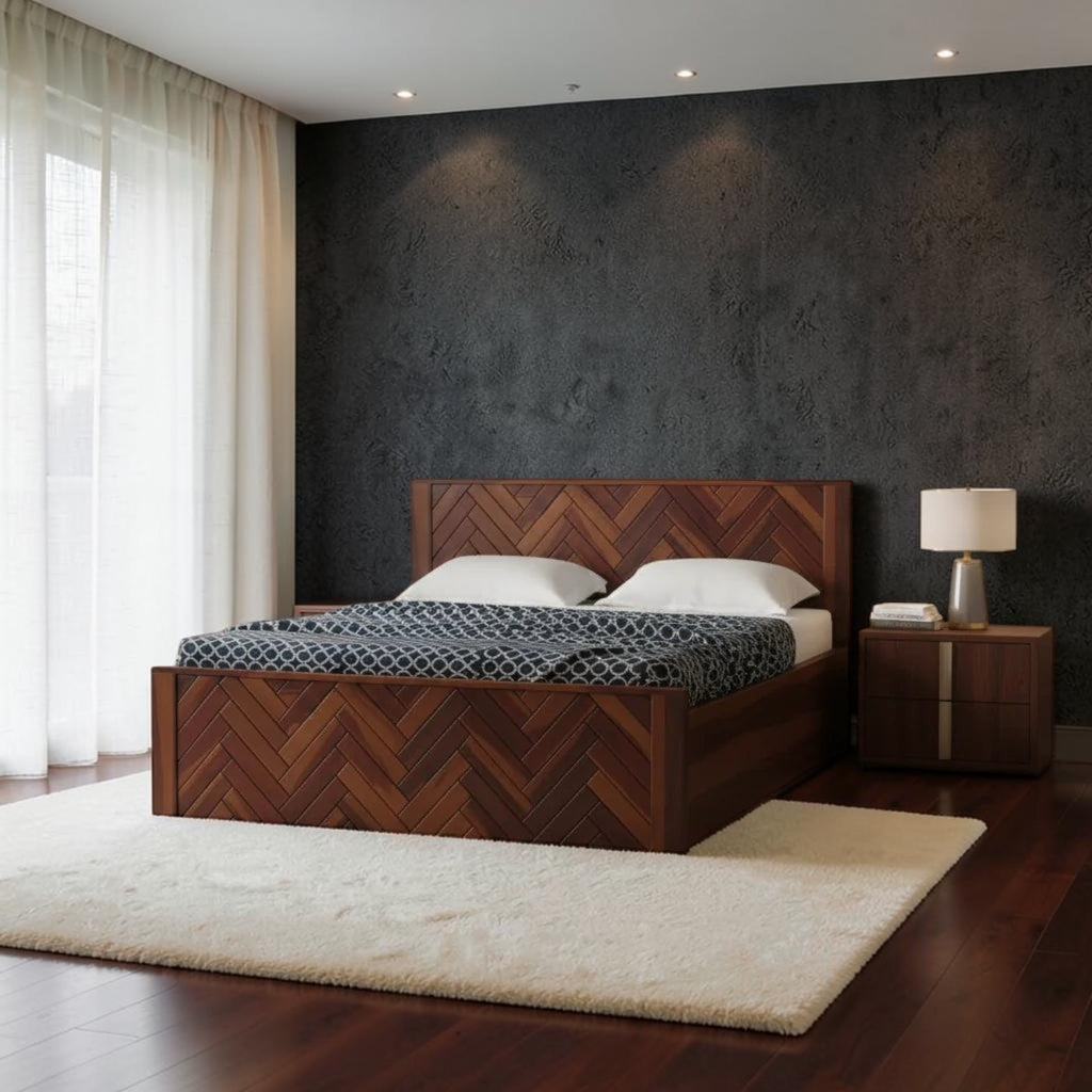 Homecrest Herrick king size bed in walnut finish sheesham wood with a herringbone pattern and hydraulic storage