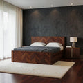 Homecrest Herrick king size bed in walnut finish sheesham wood with a herringbone pattern and hydraulic storage