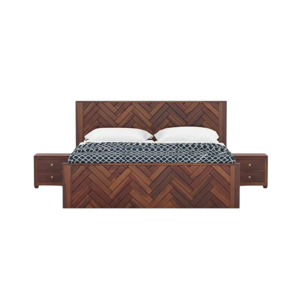 Homecrest Herrick king size bed in walnut finish sheesham wood with herringbone headboard and hydraulic storage