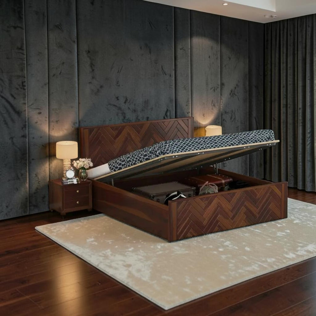 Homecrest Herrick king size bed in walnut finish sheesham wood with hydraulic lift storage and chevron headboard
