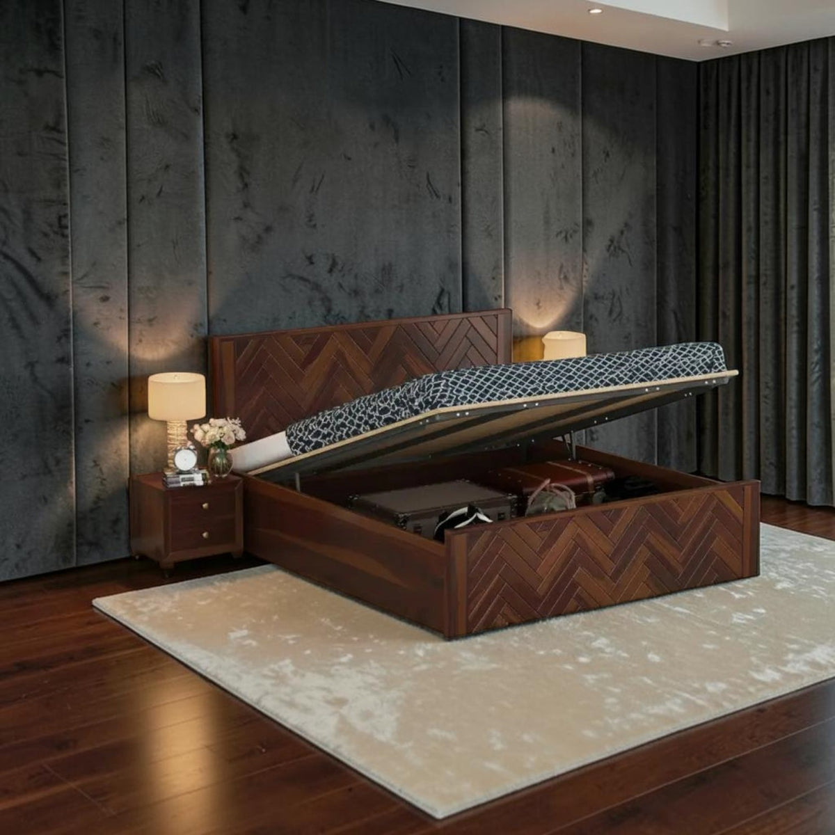 Homecrest Herrick king size bed in walnut finish sheesham wood with hydraulic lift storage and chevron headboard