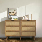 Homecrest Bexley six-drawer chest in natural acacia wood with woven rattan cane drawer fronts and black hardware.