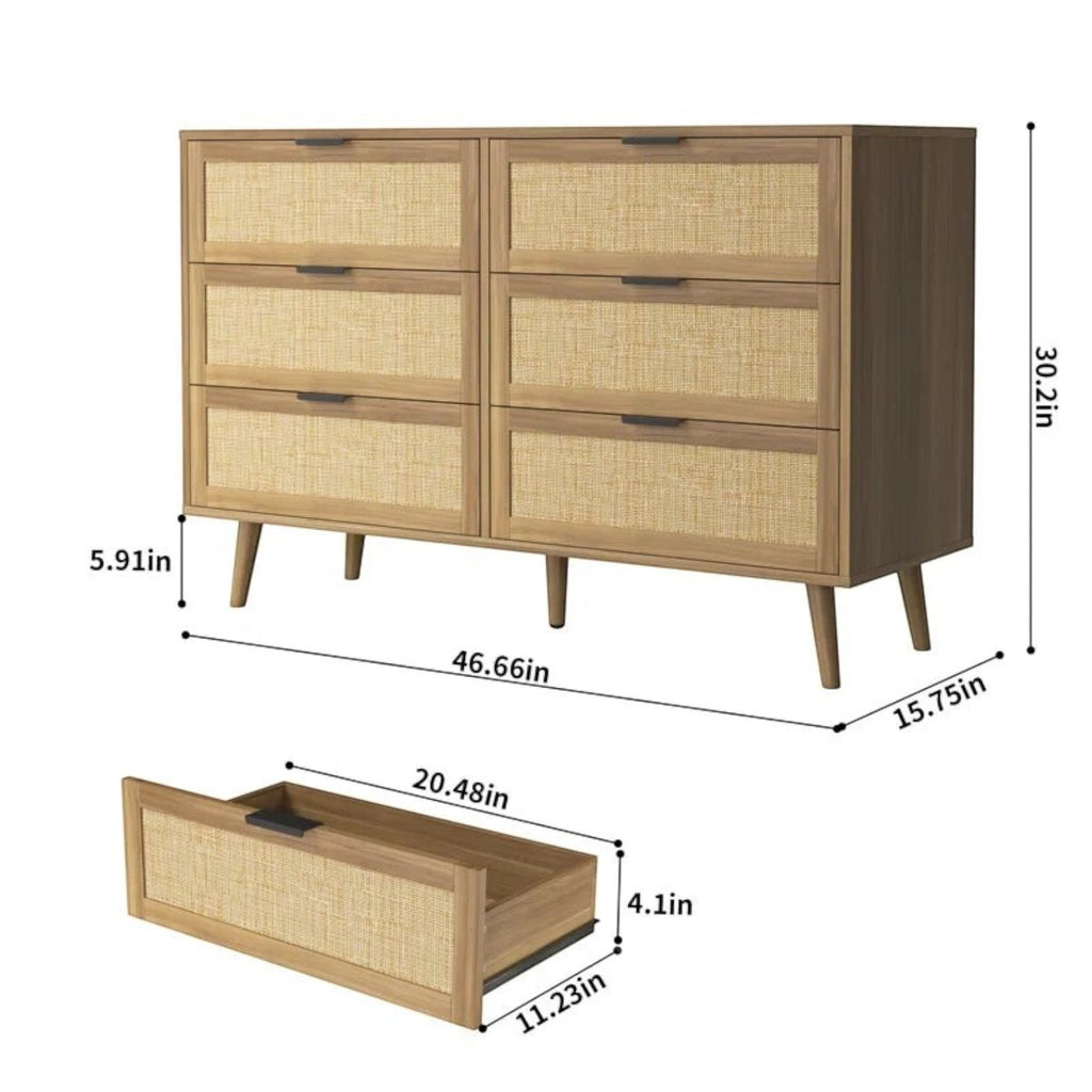 Homecrest Bexley six-drawer chest in natural acacia wood with woven rattan cane drawer fronts and tapered legs