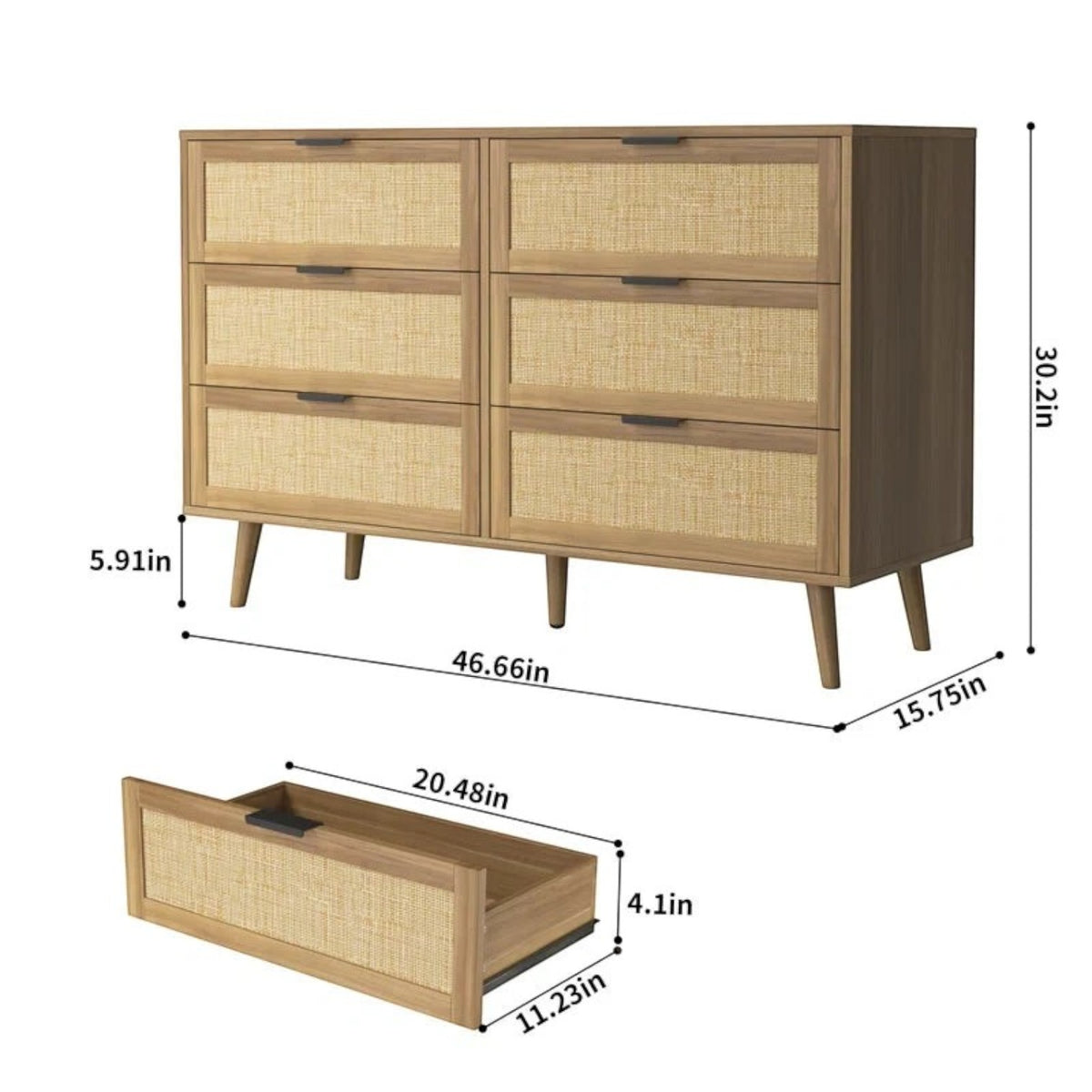 Homecrest Bexley six-drawer chest in natural acacia wood with woven rattan cane drawer fronts and tapered legs