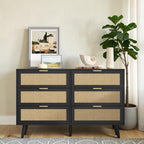 Homecrest Bexley six-drawer chest in black acacia wood with natural woven rattan cane drawer fronts and gold handles.