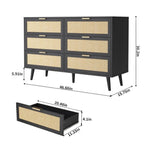 Homecrest Bexley six-drawer chest in black acacia wood with natural woven rattan cane drawer fronts and gold handles.