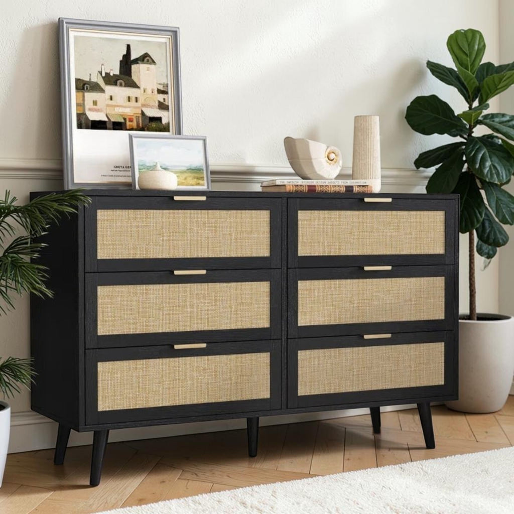 Homecrest Bexley black acacia wood six-drawer chest with natural woven rattan cane drawer fronts and gold handles