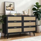 Homecrest Bexley black acacia wood six-drawer chest with natural woven rattan cane drawer fronts and gold handles
