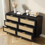 Homecrest Bexley black acacia wood six-drawer chest with natural woven rattan cane drawer fronts and modern legs.