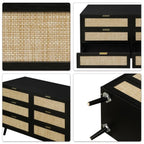 Homecrest Bexley six-drawer chest in black acacia wood with natural woven rattan cane drawer fronts and gold handles.