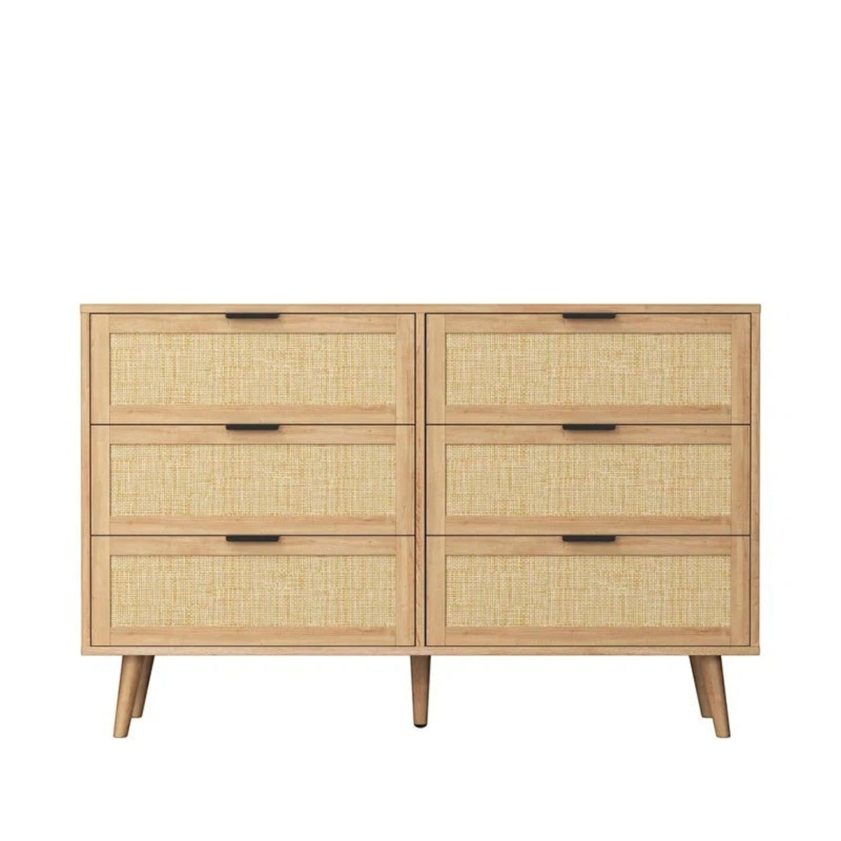 Homecrest Bexley six-drawer chest in natural acacia wood with woven rattan cane drawer fronts and black handles.