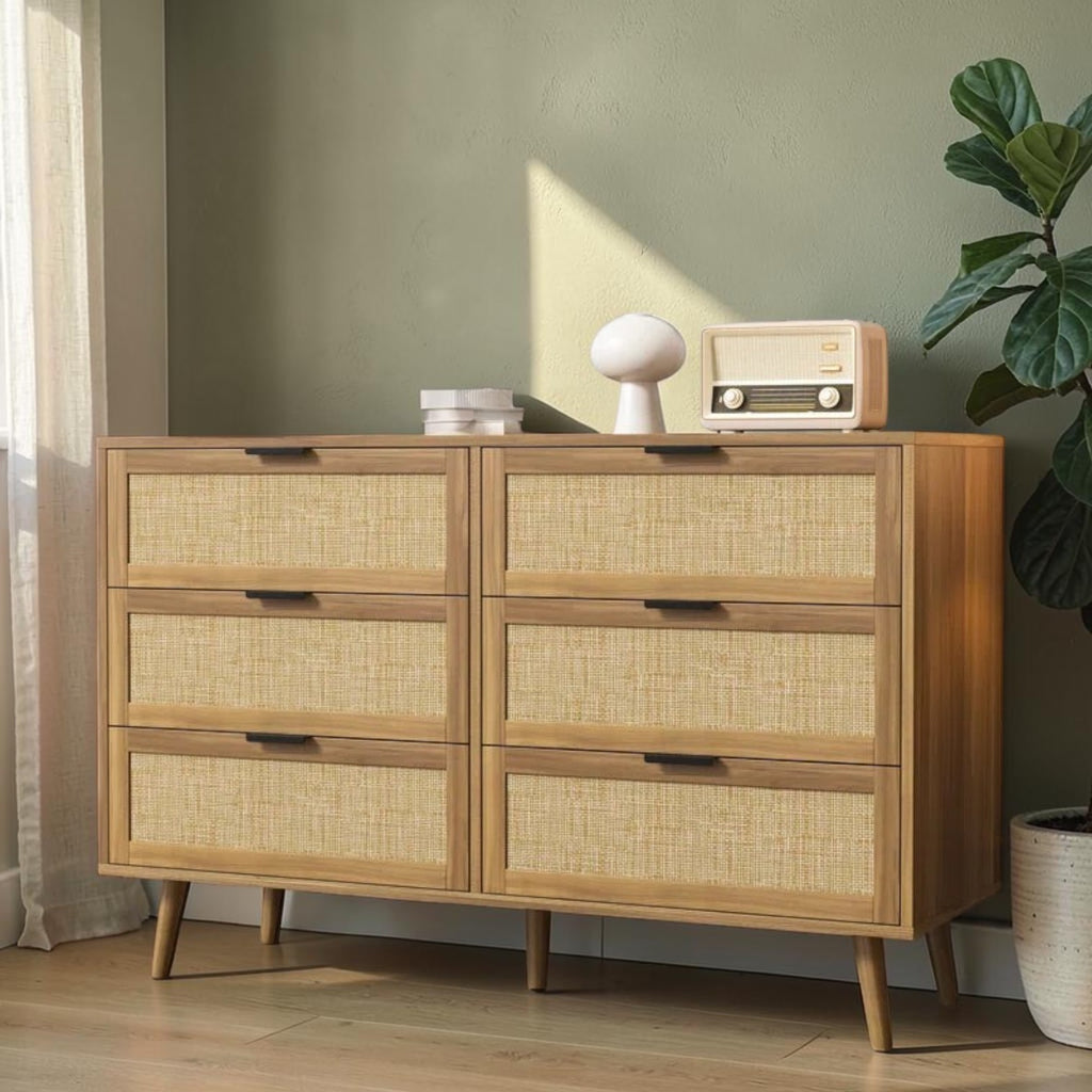 Homecrest Bexley six-drawer chest in natural acacia wood with woven rattan cane drawer fronts and tapered legs.