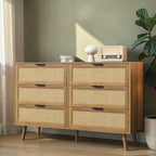 Homecrest Bexley six-drawer chest in natural acacia wood with woven rattan cane drawer fronts and tapered legs.
