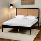 Homecrest classic bed frame in black acacia wood with a natural rattan cane headboard and white mattress