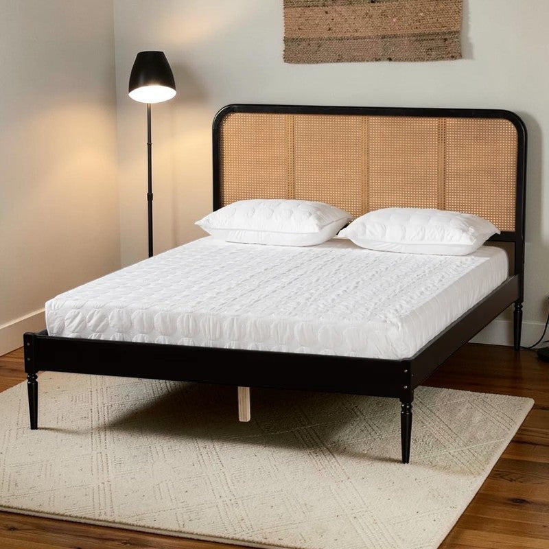 Homecrest classic bed frame in black acacia wood with a natural rattan cane headboard and white mattress