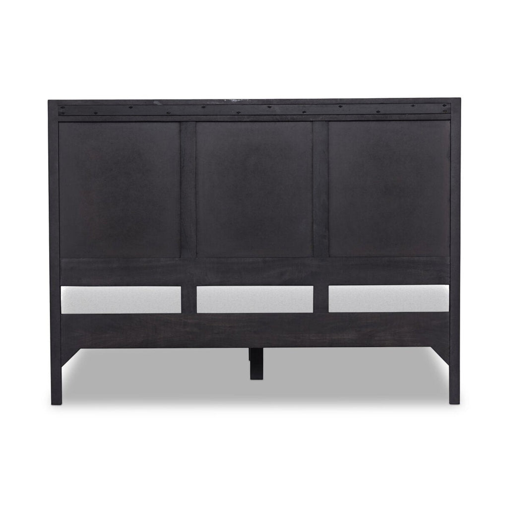 Homecrest black mango wood bed frame with a solid panel headboard design viewed from the back