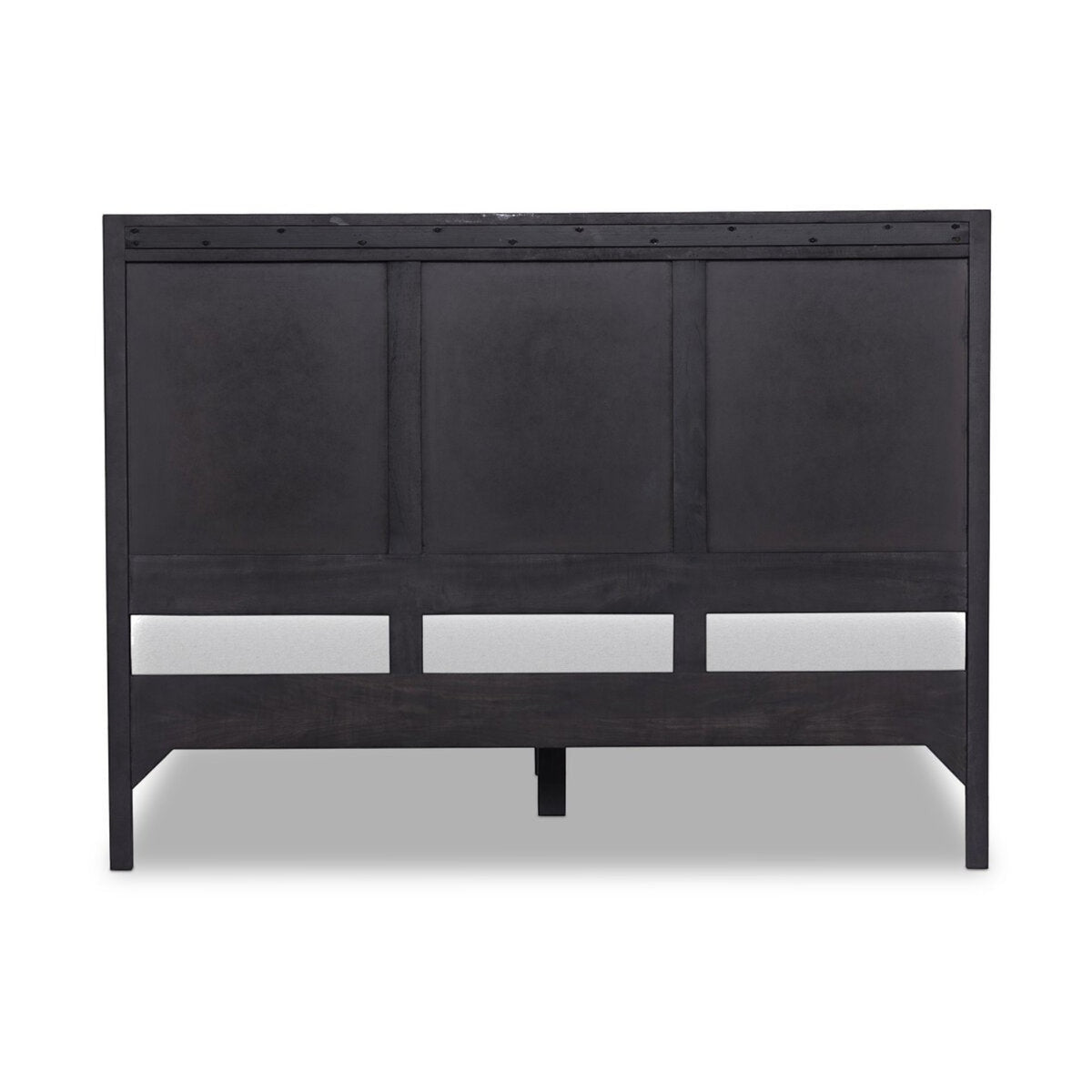 Homecrest black mango wood bed frame with a solid panel headboard design viewed from the back