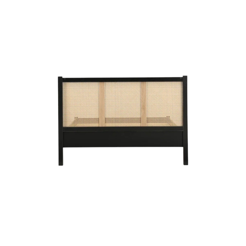 Homecrest Wicker Solid Wood Bed featuring a black mango wood frame and a natural handwoven rattan headboard.