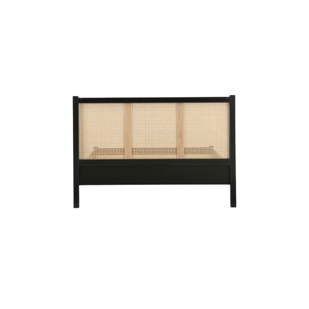 Homecrest Wicker Solid Wood Bed featuring a black mango wood frame and a natural handwoven rattan headboard.