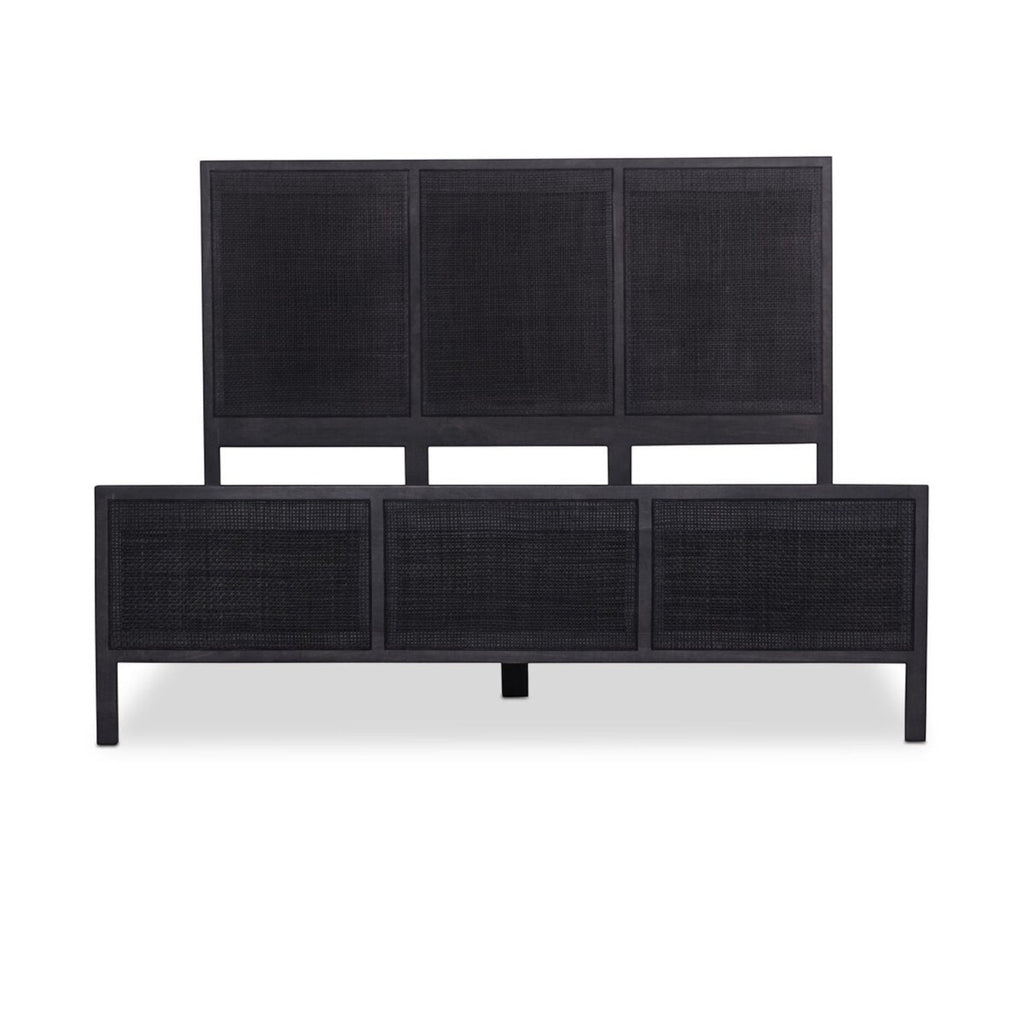 Homecrest black mango wood bed frame featuring a woven rattan headboard and matching footboard in a modern design.