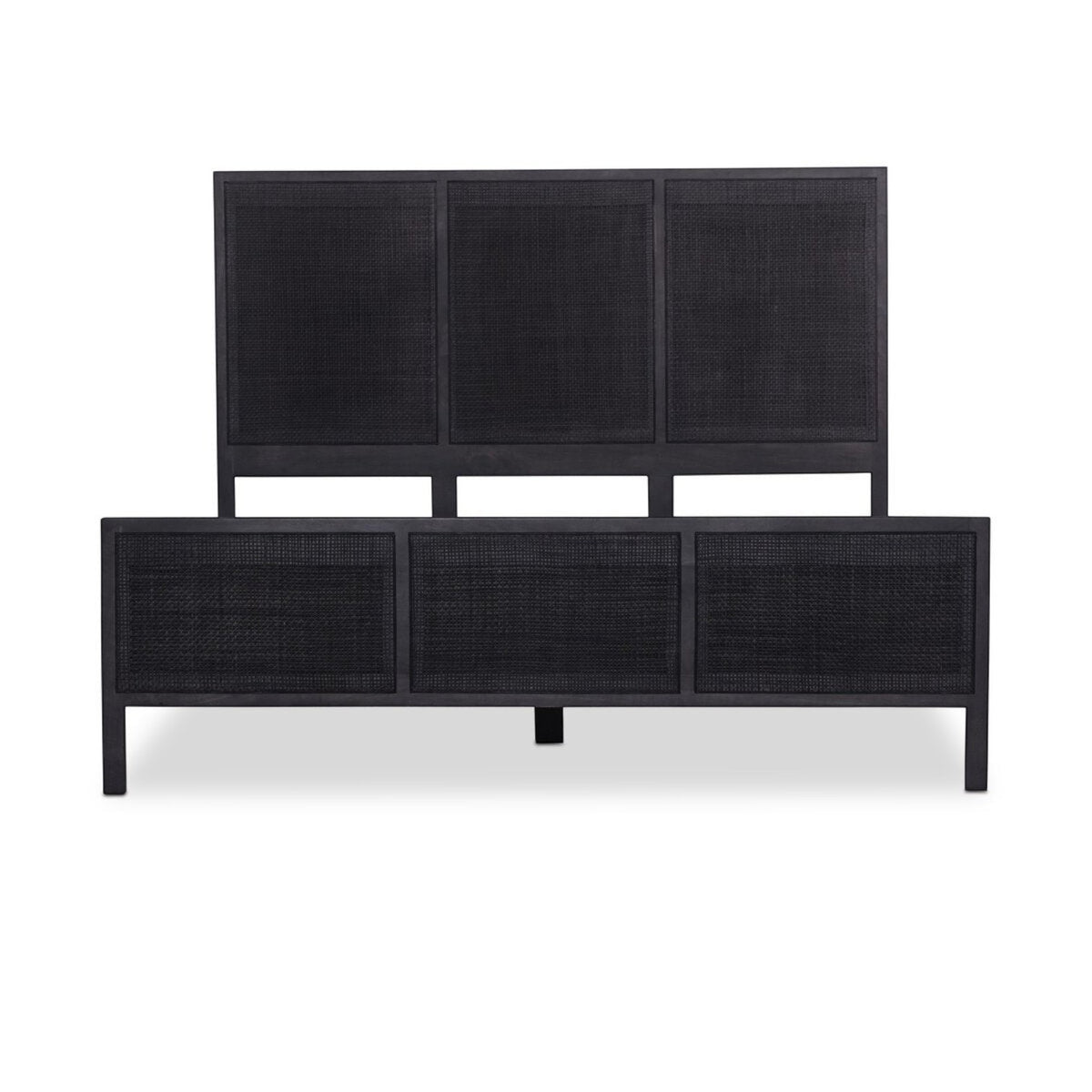Homecrest black mango wood bed frame featuring a woven rattan headboard and matching footboard in a modern design.