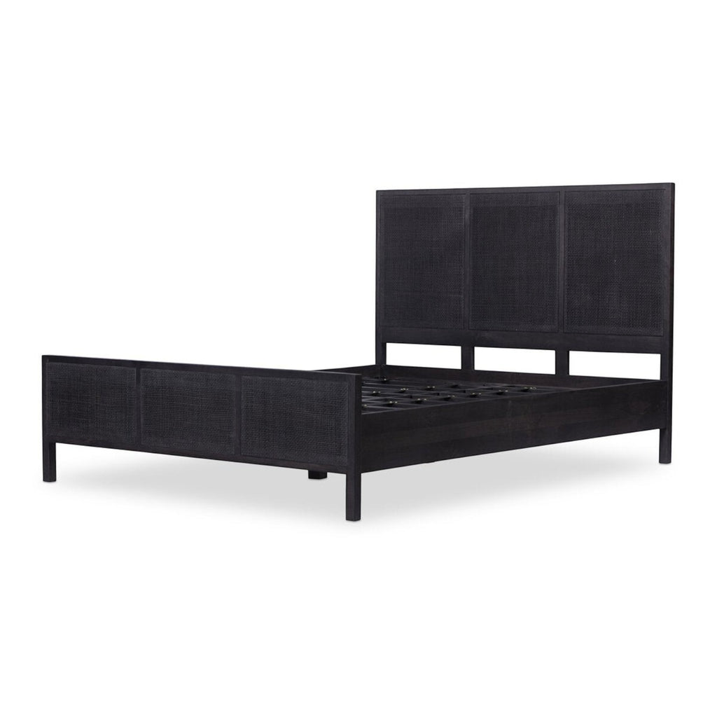 Homecrest black mango wood bed frame featuring a woven rattan headboard and footboard in a minimalist design.
