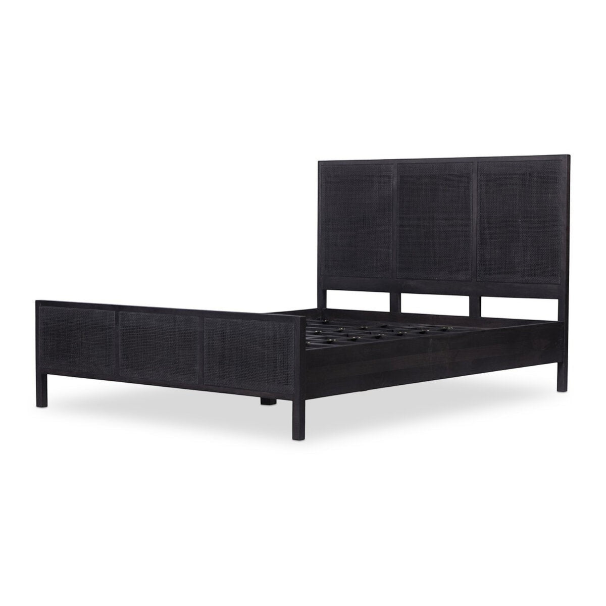 Homecrest black mango wood bed frame featuring a woven rattan headboard and footboard in a minimalist design.