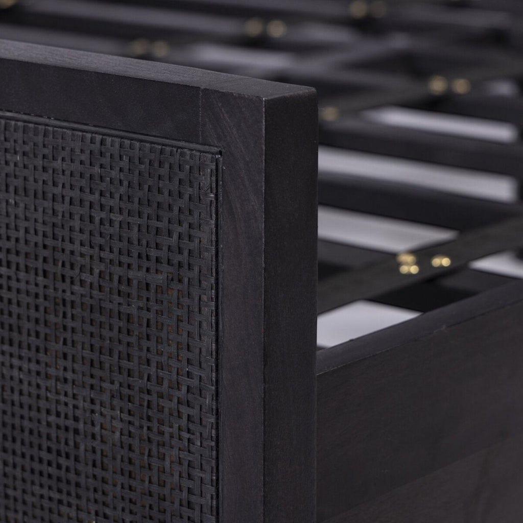 Homecrest black mango wood bed frame featuring a detailed close-up of the woven rattan headboard texture