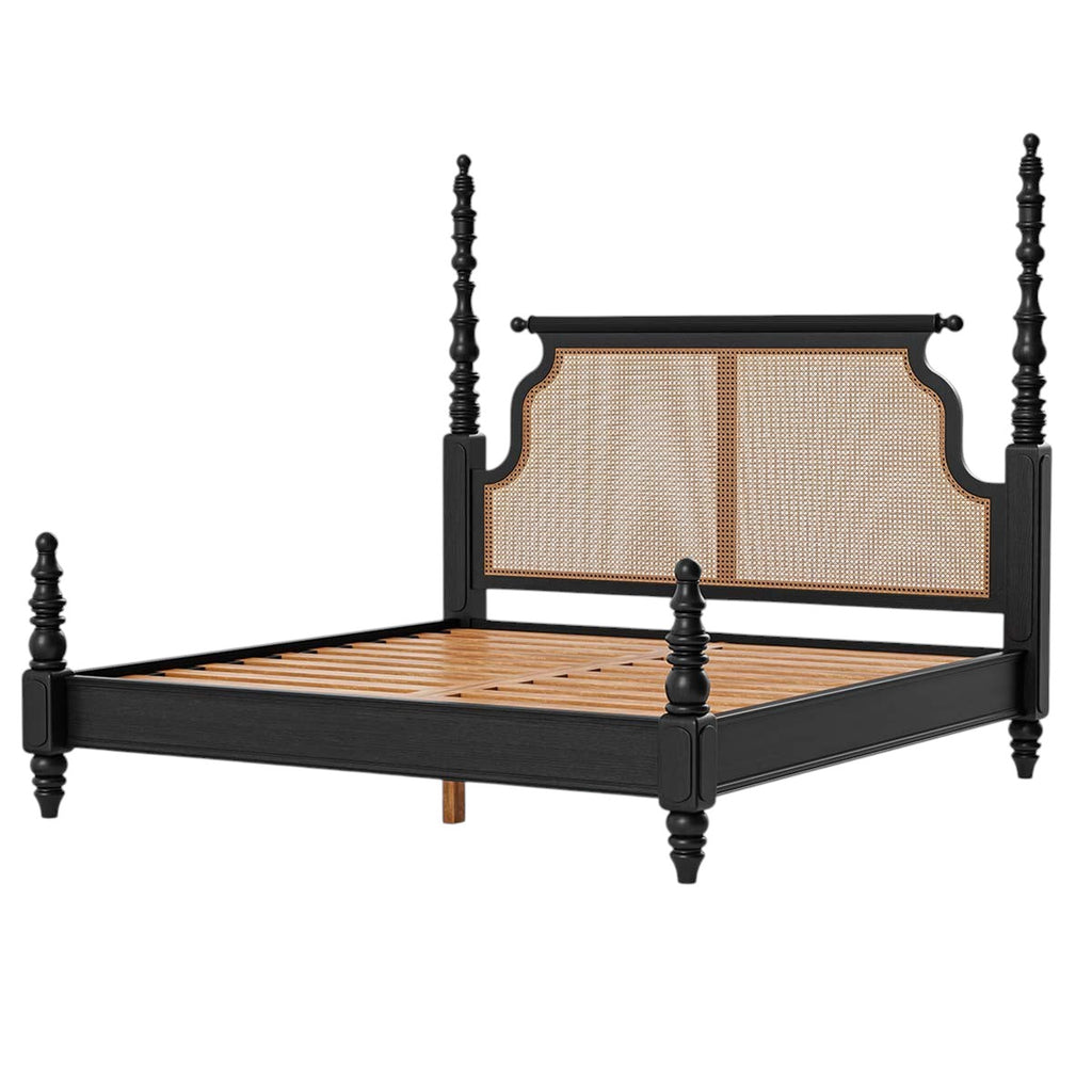 Homecrest Alverton black solid wood poster bed with natural handwoven cane rattan headboard detailing