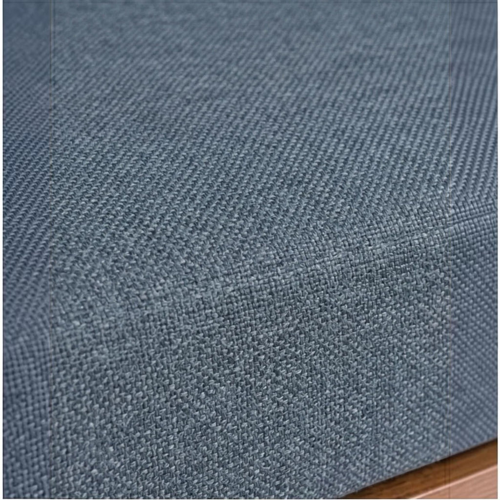 Homecrest contemporary sofa featuring textured blue fabric upholstery and a rich walnut solid wood frame base