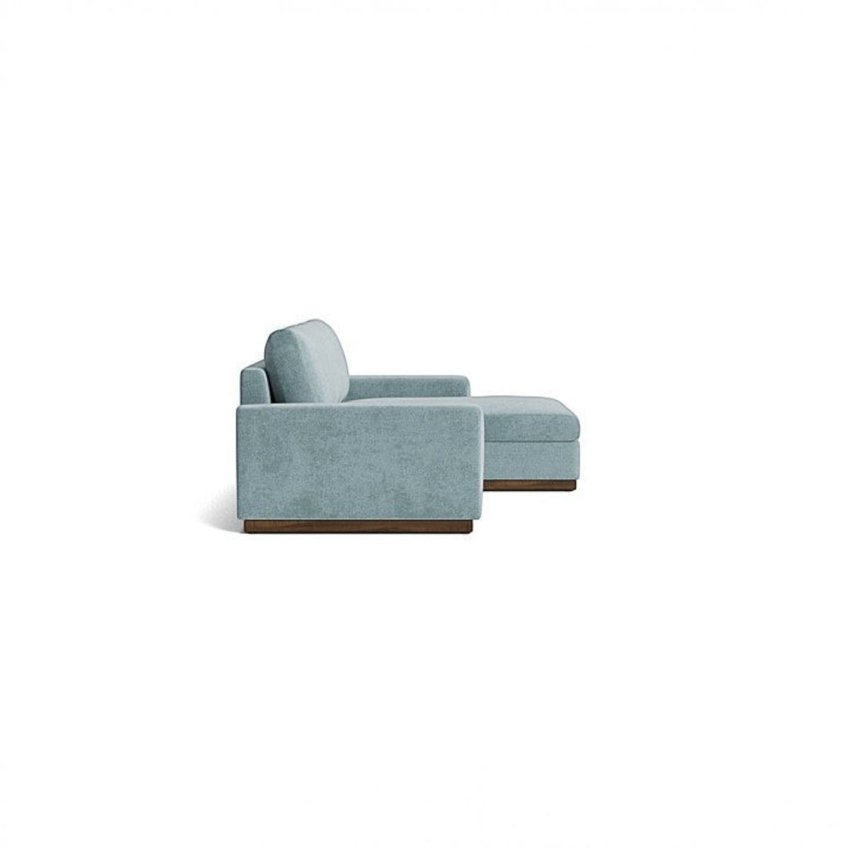 Homecrest Lomond sectional sofa in powder blue upholstery with solid wood base, shown from a side profile view.