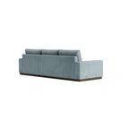 Homecrest Lomond 5 seater sectional sofa in powder blue upholstery with solid wood base, back view.