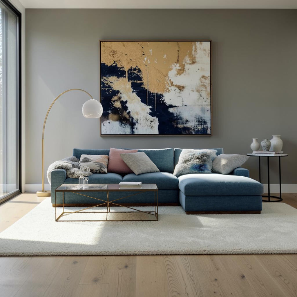 Homecrest Lomond sectional sofa in powder blue with storage, featuring solid wood frame and modern L-shaped design.