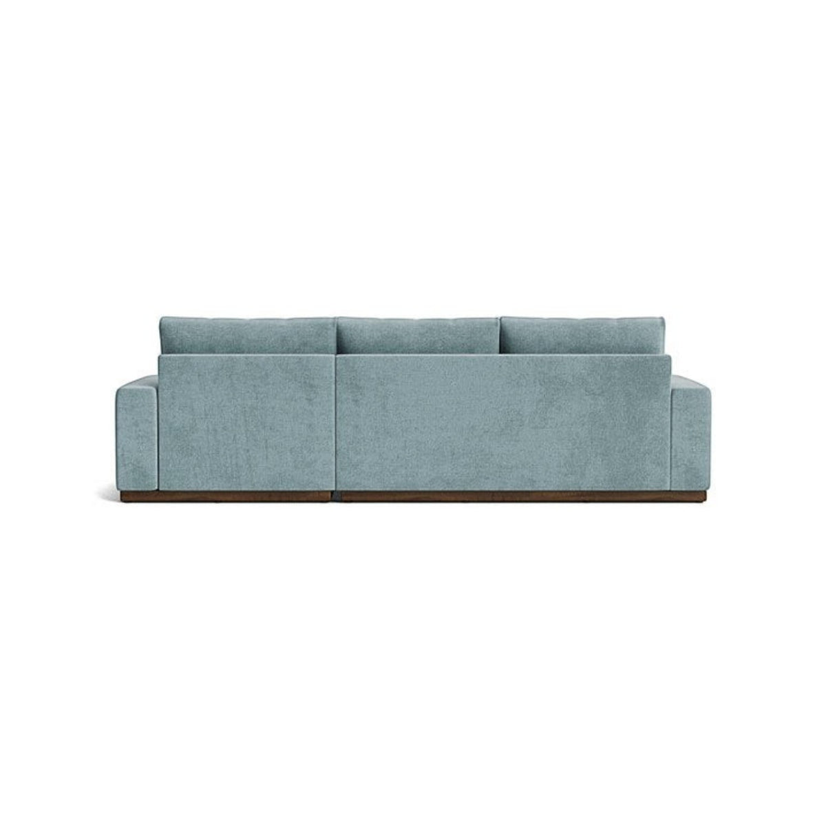 Homecrest Lomond sectional sofa in powder blue with solid wood base, viewed from the back.