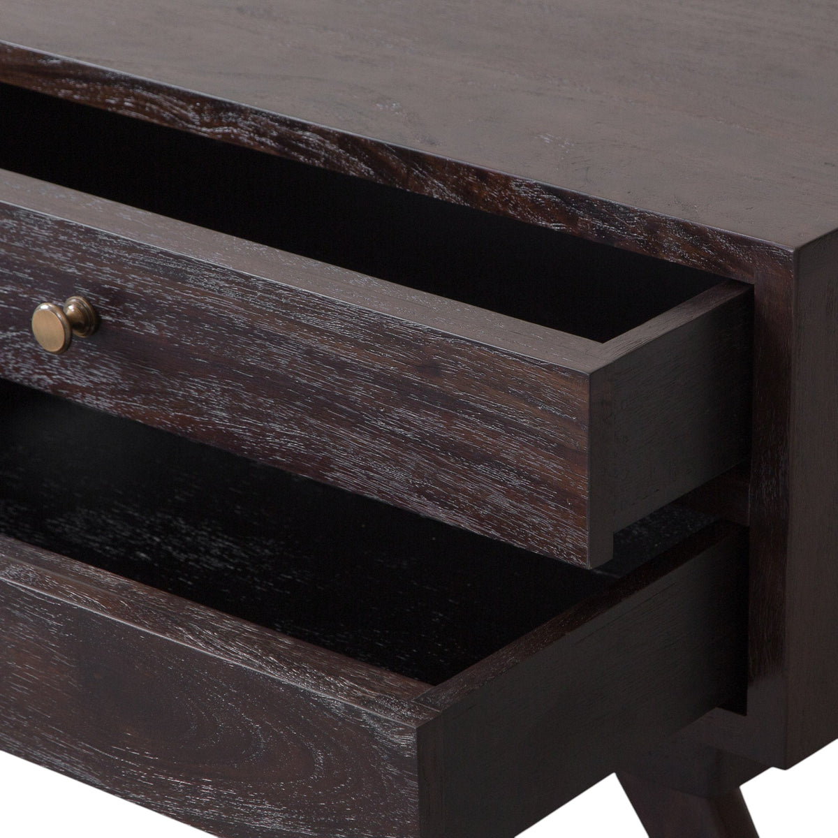 Homecrest Balcombe bedside table in solid dark hardwood with an antiqued stained finish and open drawer detail.