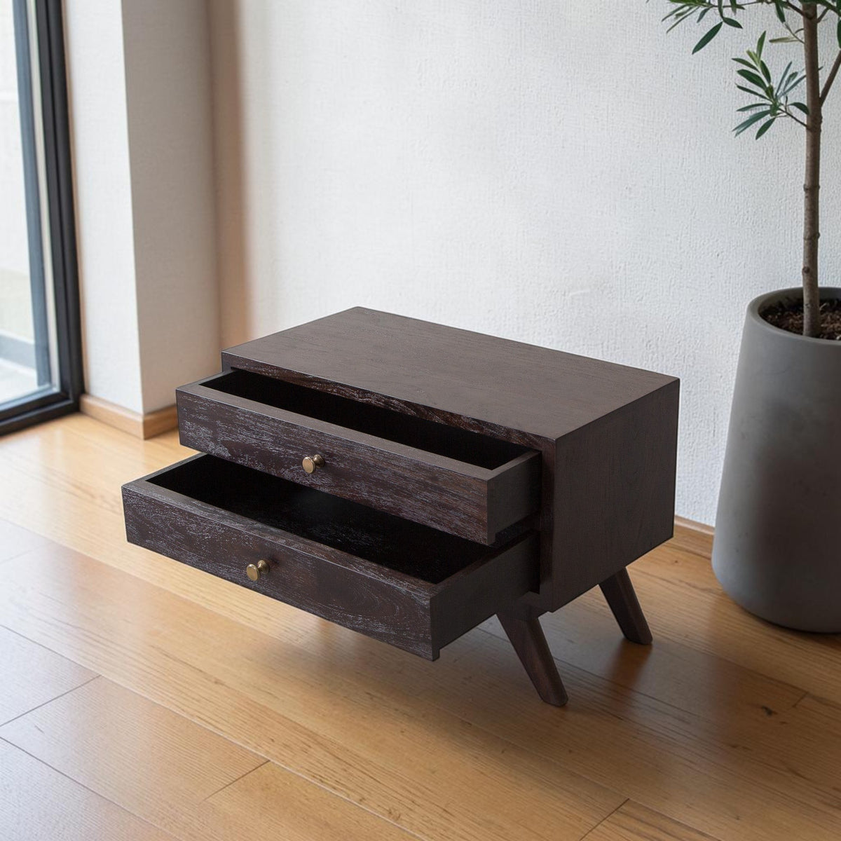 Homecrest Balcombe bedside table in dark stained solid hardwood with two drawers and brass knobs on wooden legs