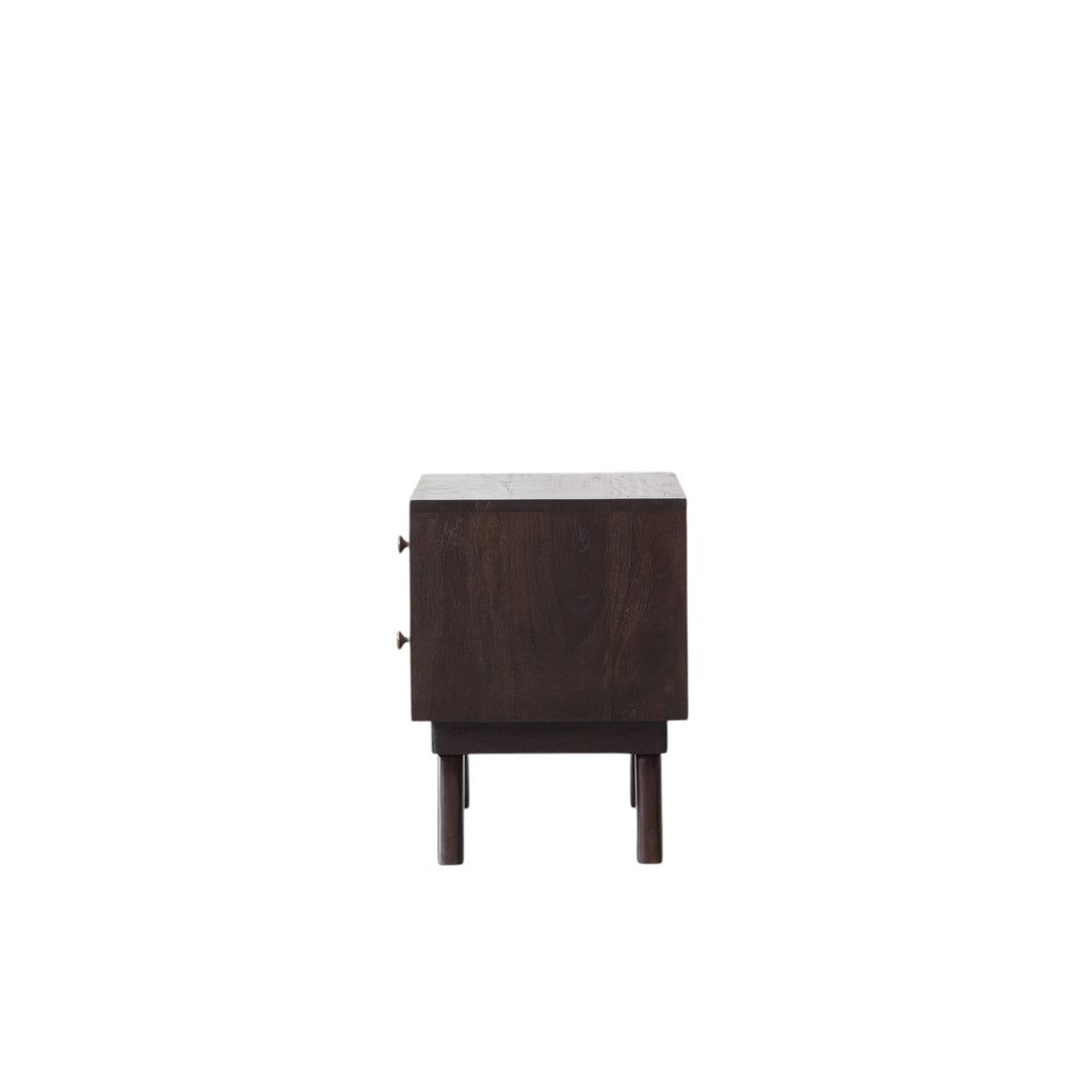 Homecrest Balcombe bedside table in dark stained solid hardwood with a minimalist design and tapered legs, side view.