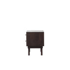Homecrest Balcombe bedside table in dark stained solid hardwood with a minimalist design and tapered legs, side view.