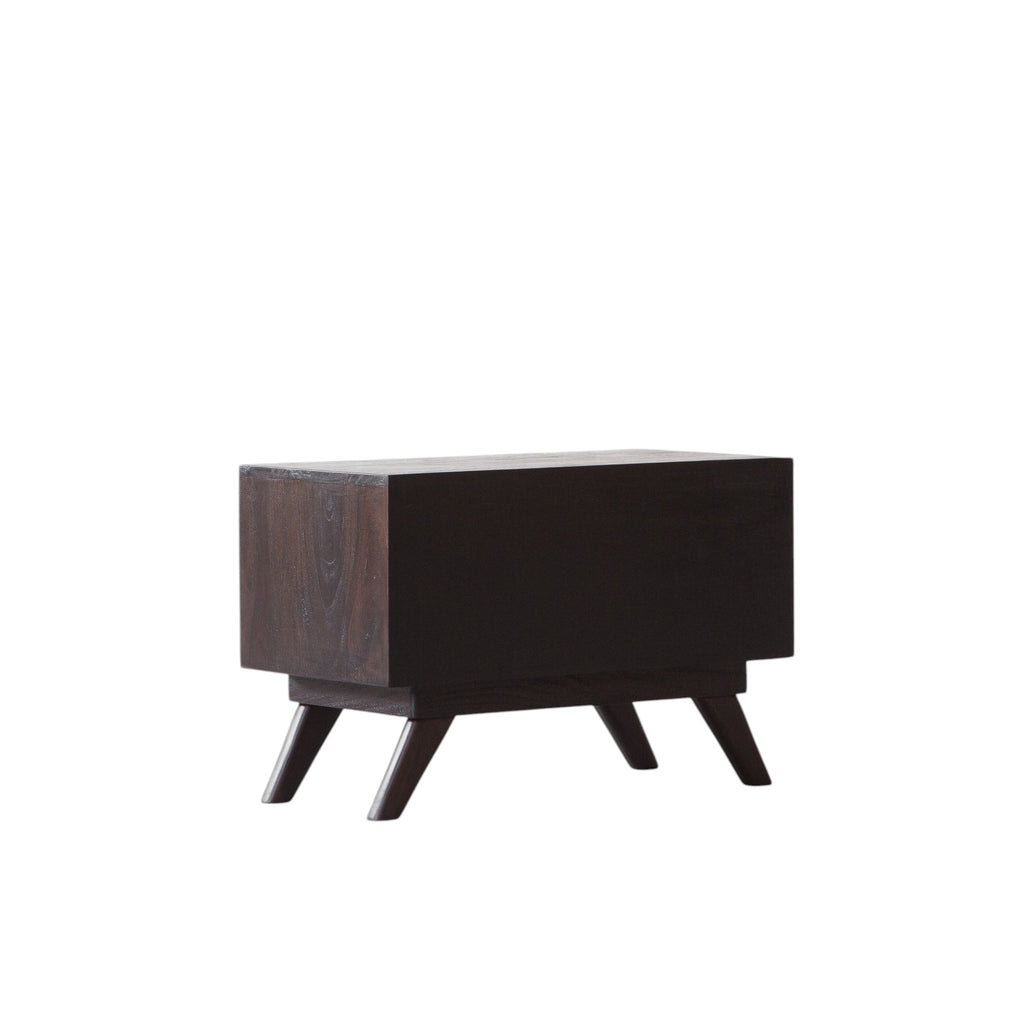 Homecrest Balcombe bedside table in dark solid hardwood with a minimalist rectangular design and angled tapered legs.